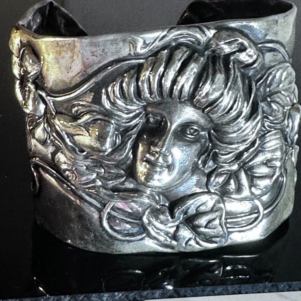 Gibson Girl Sterling Silver Art Nouveau Cuff Bracelet Victorian Antique Face 925 - Picture 2 of 7